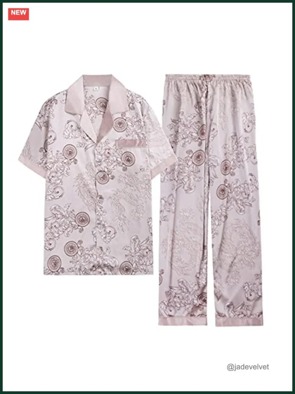 Men's Silk Satin Pajama Set Short Sleeve Dragon Pattern Loungwear Sleep Set